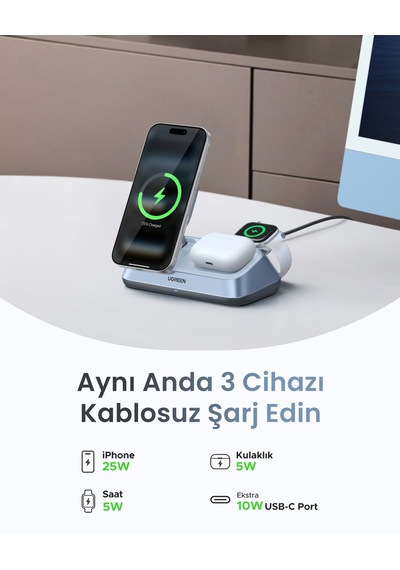 Ugreen Magflow 3-in-1 Qi2 25w Magsafe Manyetik Kablosuz Şarj İstasyonu, 55677