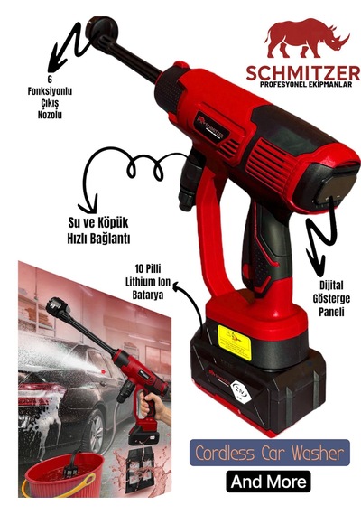 Schmıtzer Sch-2002k Pro 21v Brushless Motor Yüksek Basınçlı Şarjlı Oto Araba Yıkama Makinesi 3 Kademe Dijital Göstergeli 30