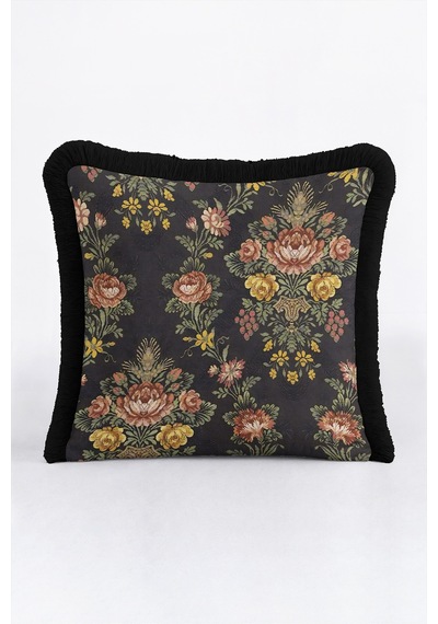 Vintage Çiçek Şato Zarafeti Saçaklı Yastık Kılıfı-goblen Floral Retro Hardal Püsküllü Kırlent Kılıfı Gri