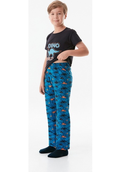 Fullamoda Dinozor Baskılı Bisiklet Yaka Erkek Çocuk Pijama Takımı 24mıcg631212226-mavi 24MICG631212226-Mavi