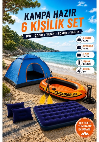 6 Kişilik Çadır Yatak 2 Kişilik Şişme Bot Kamp Seti Mavi
