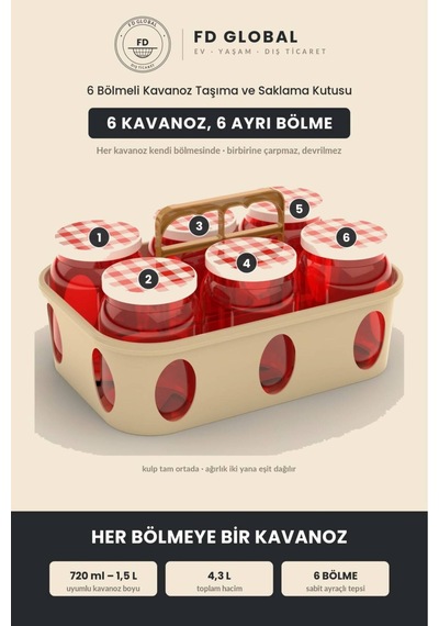 6 Bölmeli Kavanoz Taşıma Ve Saklama Kutusu Kulplu Mutfak Organizeri, Turşu Reçel Konserve Kavanozu Düzenleyici, İstiflenebilir Kiler Ve Dolap İçi Kasa Bej Bej