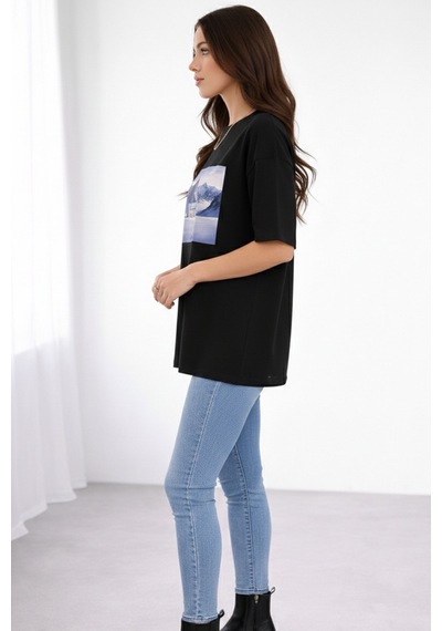 Soft&Basic Kadın %100 Organik Pamuk Baskılı Bisiklet Yaka T-shirt Siyah