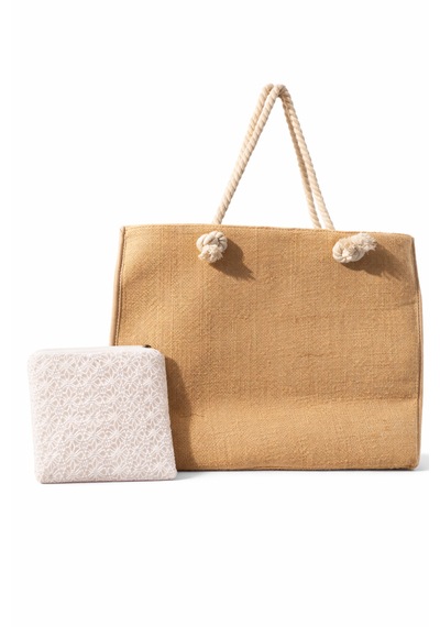Jüt Tote Çanta - Fermuarlı- 54 34 Cm- Aquatolia - Plaj Çantası Bej