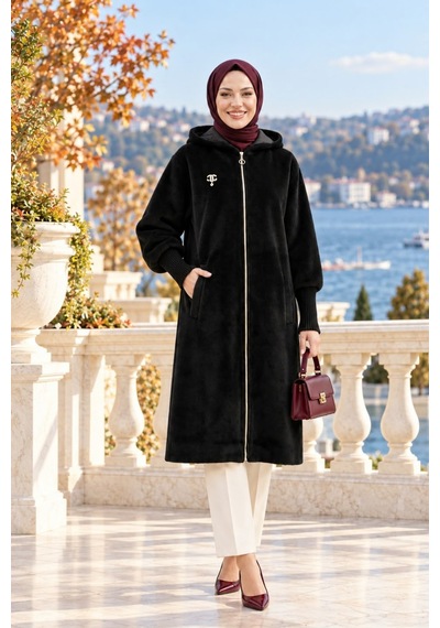 Hb Harma Time Butik Kadın Fermuarlı Kapüşonlu Angora Siyah Kürk Kaban