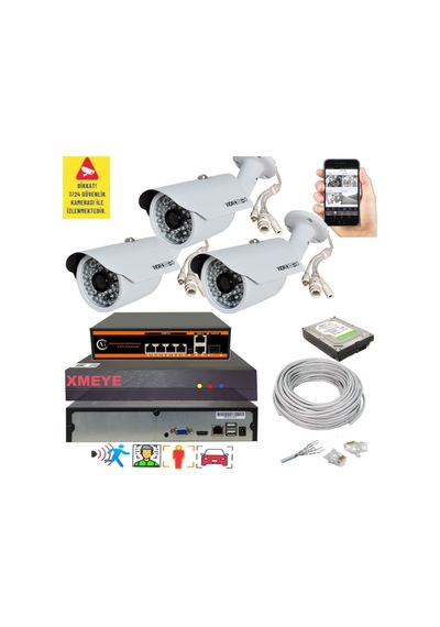 3 Lü Yapay Zeka Destekli 5 Mp 1940p Görüntü Poe Bağlantılı 48 Ir Led Gece Görüş Ip Kamera Seti 748poe