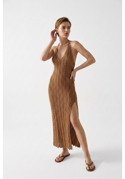 Neden Tekstil Beachwear Boyundan Bağlamalı Ajurlu Triko Plaj Elbisesi - Kahverengi