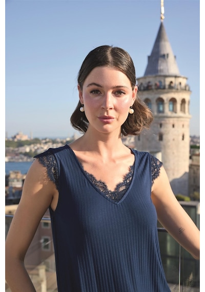 Monamise Kadın Yaprak Desenli Ve Dantelli 3'lü Pijama Takımı 24143 Lacivert