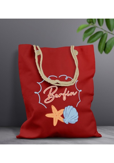 Bk Gift Kişiye Özel Yaz Temalı İsimli Kırmızı Halat Saplı Kumaş Plaj Çantası -3, Baskılı Omuz Çantası, Alışveriş Çantası, Arkadaşa Hediye, Sevgiliye H Haki