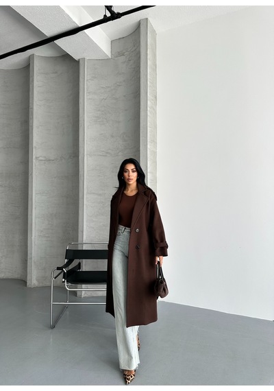 Candybia Laura Kuşaklı Yeni Sezon Astarlı Premium Kalite Rahat Kalıp Kadın Kaşe Kaban Mont Kahverengi Kahverengi