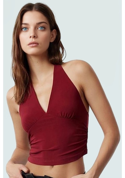 Ersefa Vücuda Oturan Boyundan Bağlamalı Crop Bluz Polyester Elastan Sand bordo