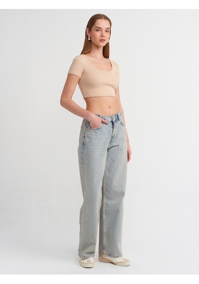 Dilvin Kısa Kollu Crop Top Bej Açık Bej