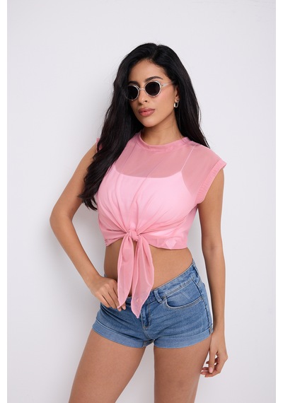 By Papi Önü Bağlamalı Tül Bluz Toz Pembe