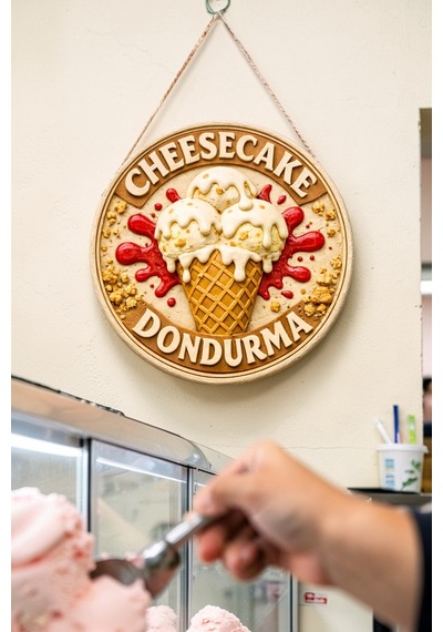 Cheesecake Dondurma Görselli Ahşap İpli Kapı Duvar Süsü Pastane Vitrin Reklamı