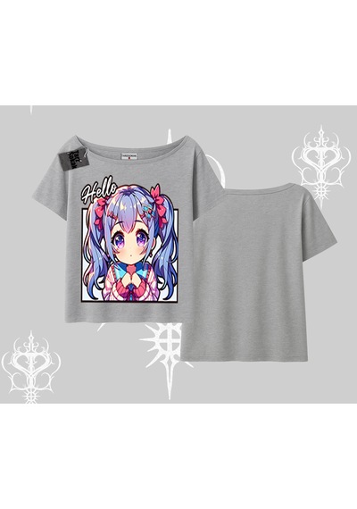 Tarzsokak Kayık Yaka Tshirt Hello Anime Kız Sevimli Karakter Baskılı Gri