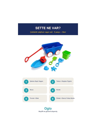 Gezgin Vagon Plaj Seti Çekilebilir Kum Oyuncağı, Tekne+kova+kürek 6 Parça Set 3+ Yaş - Mavi