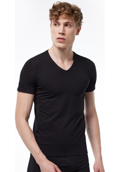 Malabadi Erkek Siyah 2 Li V Yaka Kısa Kollu Pamuk Elastan Fanila T-shirt 092