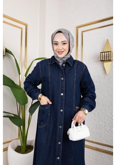 Harman Butik Kadın Düğmeli Cepli Kar Yıkamalı Denim Kot Kap Lacivert Lacivert