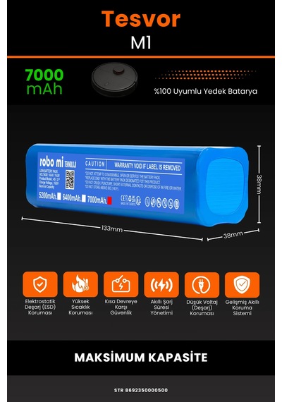 Tesvor M1 Uyumlu Lityum İyon Robot Süpürge Bataryası - Maksimum Kapasite 7000mah