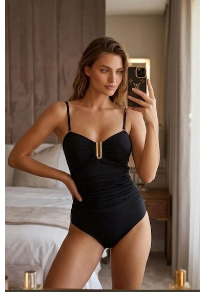 Life For Moda Aksesuarlı Büzgülü Mayo Siyah 8119