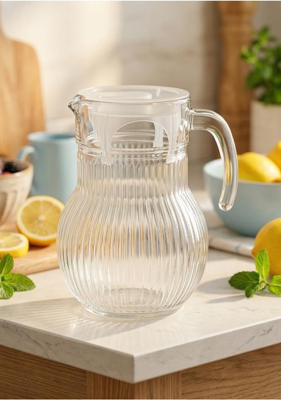 Roma Çizgili Cam Sürahi - Plastik Kapaklı, 1.5 Litre