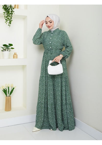 Düğme Detaylı Çiçekli Viskon Elbise - Haki / E0123 Haki