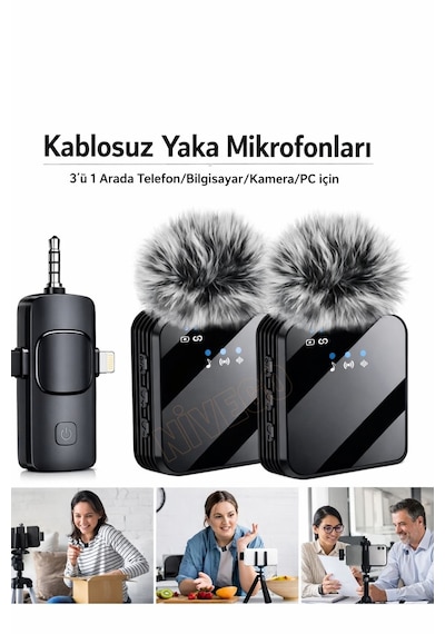Nivego Yüksek Kalite Profesyonel 3 In 1 Kablosuz Taşınabilir Youtuber Yaka Mikrofonu Tüylü Lightning / Type-c