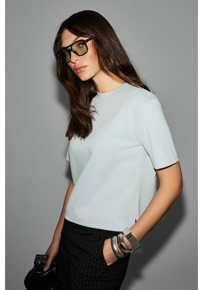 Grımelange Colena Kadın Organik Pamuklu Bisiklet Yaka Oversize Fit Kısa Kollu Gri T-shirt Gri