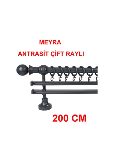 Meyra Demonte Başlıklı Ahşap Rustik Perde Askısı - Çift Raylı -antrasit 200 Cm Antrasit