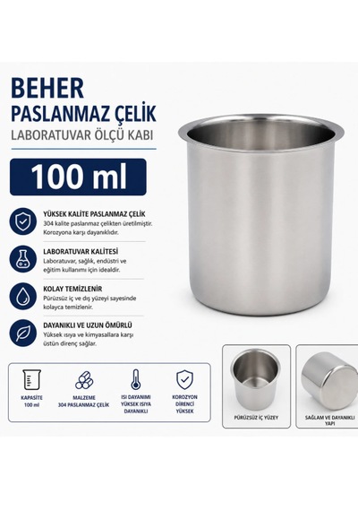 Beher Paslanmaz Çelik 100 Ml - Laboratuvar Ölçü Kabı