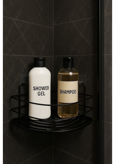 Krom Yapışkanlı Üçgen Tek Katlı Banyo Ve Mutfak Rafı Duş Şampuanlık Duvar Düzenleyici Organizer Siyah
