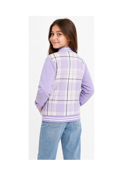 İrem Çocuk Giyim Kız Çocuk Ekose Desenli Yazılı Cepli Lila Renk Oversize Kolej Hırka Lila