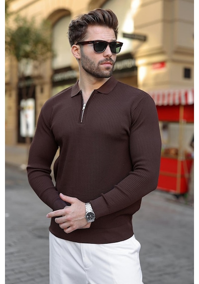 Madmext Kahverengi Polo Yaka Yarım Fermuarlı Dokulu Erkek Triko Kazak E7510