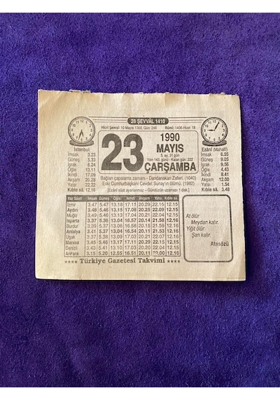 23 Mayıs 1990 Takvim Yaprağı - Nostalji Koleksiyonluk Takvim Yaprağı