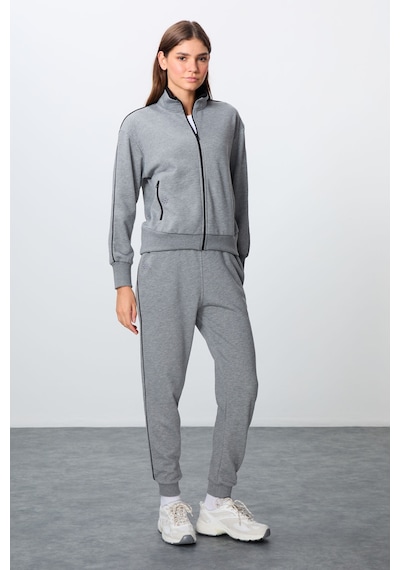 Tommy Life Gri Melanj Kompakt Pamuklu Kalın Pürüzsüz Dokulu Dik Yaka Oversize Fit Kadın Eşofman Takım - 95340 GRİ MELANJ