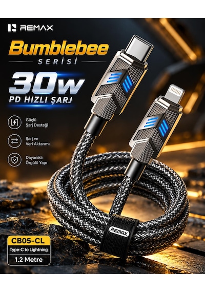 Remax Cb05-cl Bumblebee Serisi 30w Pd Type-c To Lightning Led Işıklı Çinko Alaşımlı Örgülü Hızlı Şarj Ve Data Kablosu 1.2 Metre Siyah