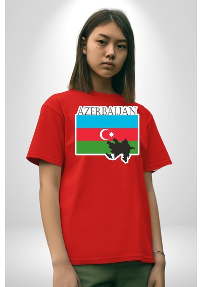 Azerbeycan Bayrak Ülke Pamuklu Bisiklet Yaka Unisex Oversize Boyfriend Dijital Baskılı Kırmızı T-shirt Kırmızı