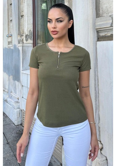 Kadın Haki Kısa Kol, Fermuar Yaka Detaylı, Fitilli Terletmez Kumaş, Rahat Bluz, Tshirt Haki