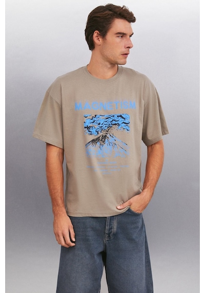 Grimelange Maddox Erkek %100 Organik Pamuklu Baskı Detaylı Kalın Dokulu Oversize Fit Vizon T-shirt