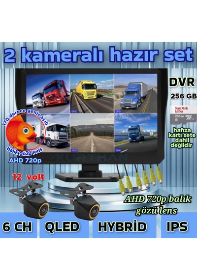 2 Adet 4x3 Cm. Ahd 720p 170 Derece Balık Gözü Kamera 10 İnç 6 Kanallı Qled Ekran 12 V 256 Gb