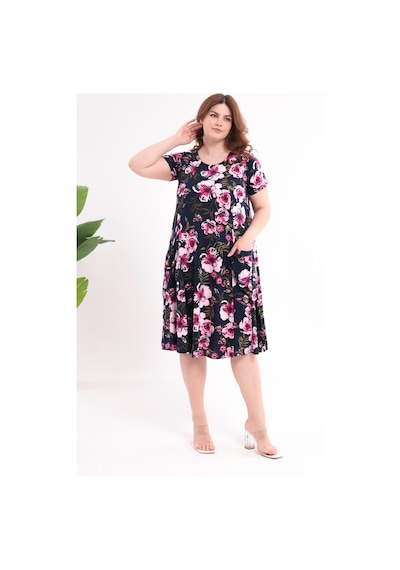 Madwilo Kadın Lacivert Pembe Floral Desen Cepli Salaş 42-54 Uyumlu Standart Beden Esnek Elbise