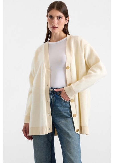 Olcay V Yaka Soft Kumaş Hırka Krem 8295