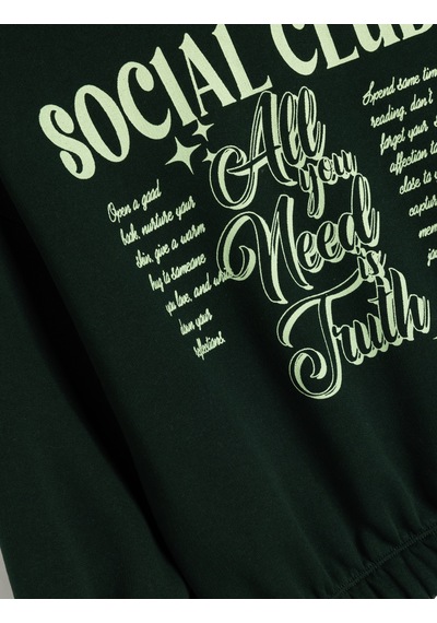 Koton Kapşonlu Slogan Baskılı Uzun Kollu Pamuklu Sweatshirt Yeşil 5wkg10655ak Yeşil