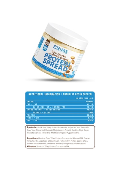 Prime Nutrition White Chocolate & Cookie Crispy Protein Spread 350 Gram Beyaz Çikolatalı & Kurabiye Parçacıklı Proteinli Krema