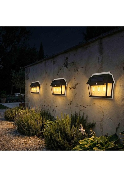 Panther Pt-2933 3lü Solar Led Duvar Lambası - Sarı Işık Ve Hareket Sensörlü Bahçe Aydınlatması