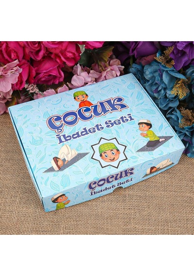 Çocuk Seccadesi Ve Eğitici Kitabı Namaz Seti - Mavi 45x82 Cm - 110 Gr - Tesbih Çok Renkli
