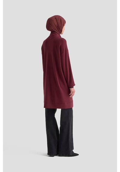 Armine Trend Yarım Fermuarlı Kolları Ribanalı Cepli Örme Tunik Bordo 25kt461 Bordo