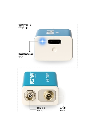 Type-c Usb Şarjlı 9v Pil Beston 1200mah 4500mwh Uzun Ömürlü 500 Şarj Döngüsü