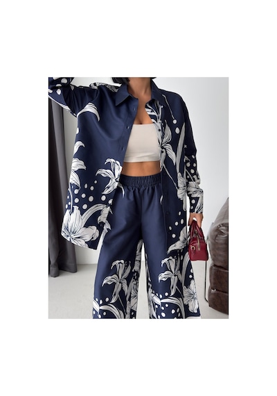 Wellway İthal Chokellaa Kumaş Çiçekli Tunik Gömlek & Pantolon 2li Takım-lacivert -26126 Lacivert