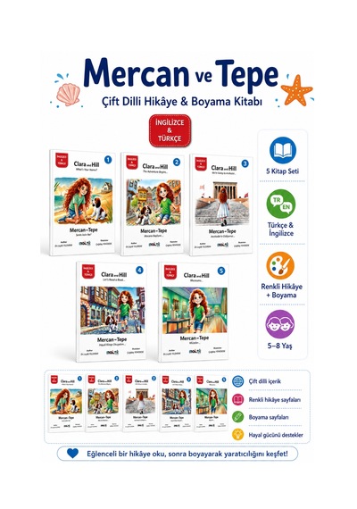 Mercan Ve Tepe 5 Kitap Seti - Türkçe İngilizce Hikaye Ve Boyama Kitabı
